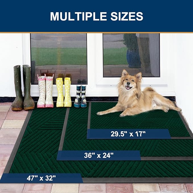 Smiry Front Door Mat Outside Entrance, Heavy Duty Sturdy Natural Rubber Doormat, Trap Dirt and Moisture, Easy Clean Low Profile Mats for Indoor Outdoor Entry, Irregular Triangle (47x32, Deep Green)