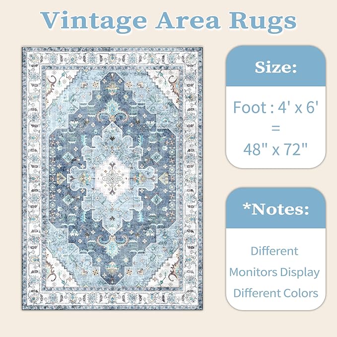 SERISSA Area Rug 4x6 Boho Rugs for Bedroom, Vintage Blue Washable Non Slip Rugs, Ultra Soft Print Distressed Low-Pile Throw Rug Carpet for Nursery Dorm Kitchen Living Room Decor