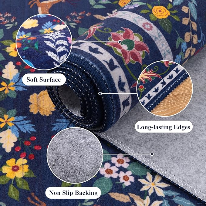 HEBE Washable Hallway Runner Rug 2'x 6' Non Slip Kitchen Rugs Runner,Low Pile Entryway Rug Laundry Room Mat Floral Carpet Runners for Hallways, Kitchen,Bathroom,Laundry,Bedside Rug