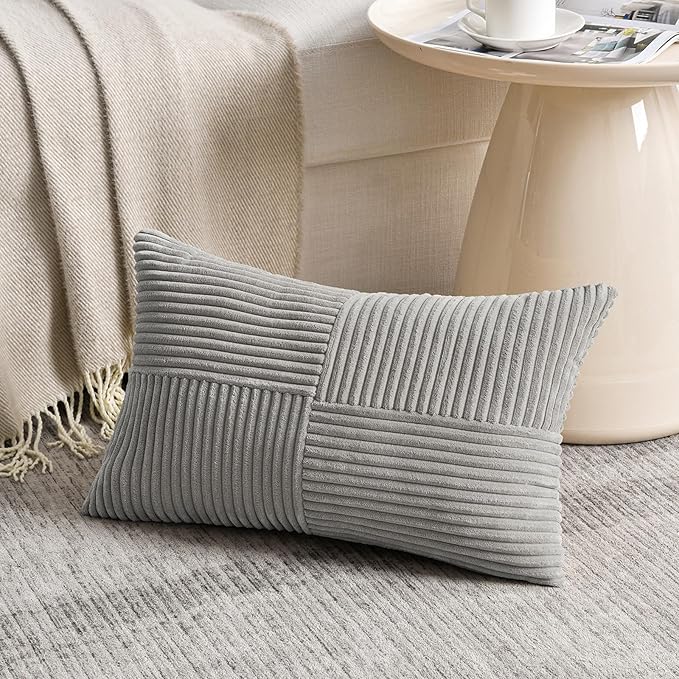 Fancy Homi 2 Packs Neutral Grey Lumbar Decorative Throw Pillow Covers 16x26 Inch for Living Room Couch Sofa, Farmhouse Boho Home Decor, Soft Striped Corduroy Rectangle Accent Terracotta Cushion Case