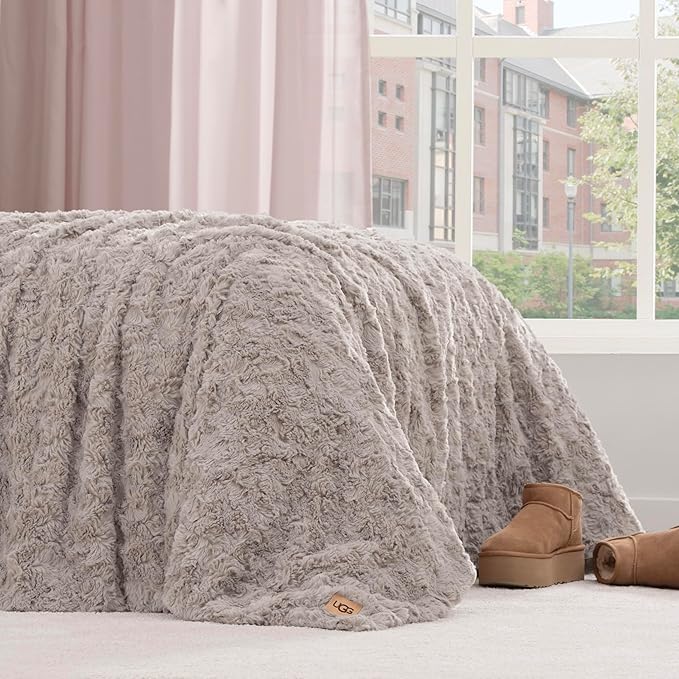 UGG Adalee Faux Fur Twin Size Blanket, Warm Cozy Blanket, Extra Large Throw for Sofa, Washable Bedding for Twin XL Size Bed, Cute Room Decor, 66" x 90", Oyster Brown