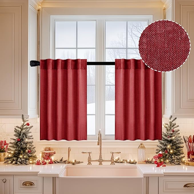 MIULEE Burgundy Red Kitchen Curtains 30 Inch Length 2 Panels, Soft Thick Linen Textured Semi Sheer Light Filtering Short Cafe Tier Curtains for Small Half Window Back Tab Rod Pocket Christmas Decor