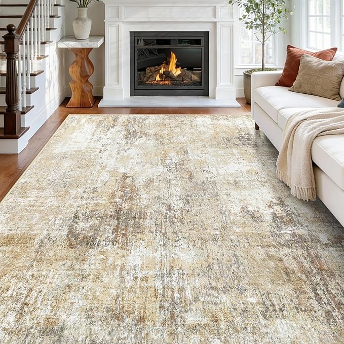Washable Area Rugs 7'x9' Non-Slip Modern Abstract Soft for Living Room Entryway Bedroom Nursery, Print Pattern, Neutral Brown Gray