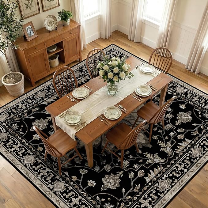 RELEANY Area Rugs Square 10ft Washable Non-Slip, Floral Vintage Distress Print Pattern Medallion Carpet for Living Room Bedroom Dining Room, Black Brown Neutral Dark Tan