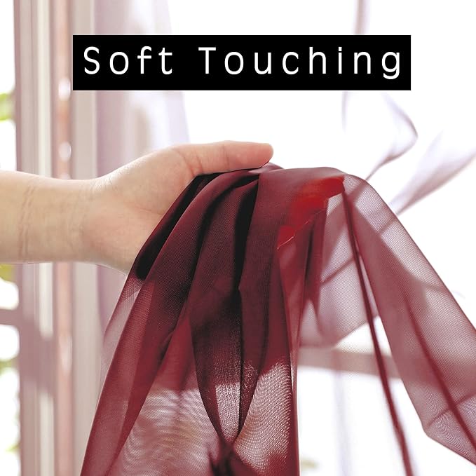 OVZME Burgundy Sheer Curtains 63 inch Length 2 Panels Set for Christmas, Elegant Light Filtering Airy Burgundy Voile Window Treatments, Each is 42W x 63L