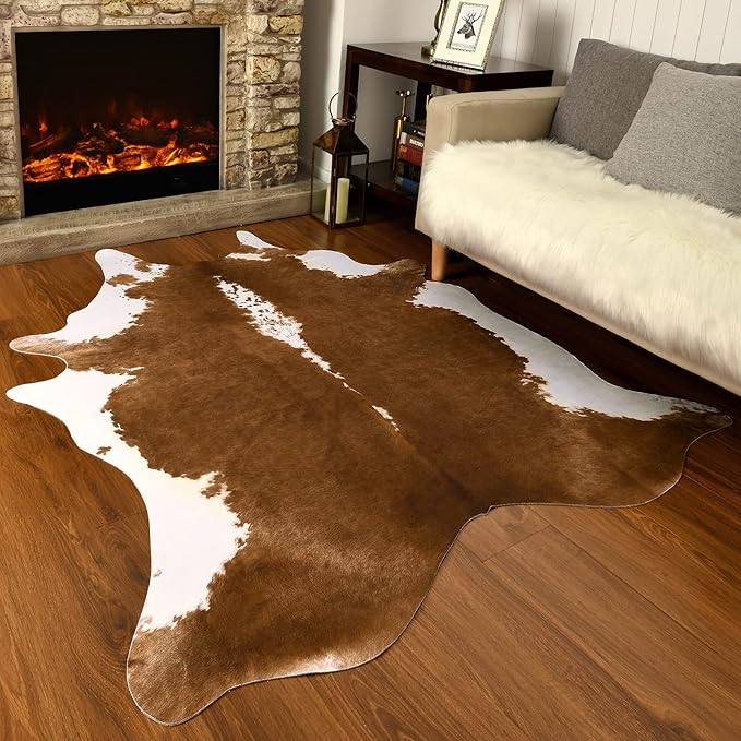AROGAN Premium Faux Cowhide Rug 4.6 x 5.2 Feet, Sturdy and Large Size Cow Print Rugs, Suitable for Bedroom Living Room Western Decor, Faux Fur Animal Cow Hide Carpet, Brown