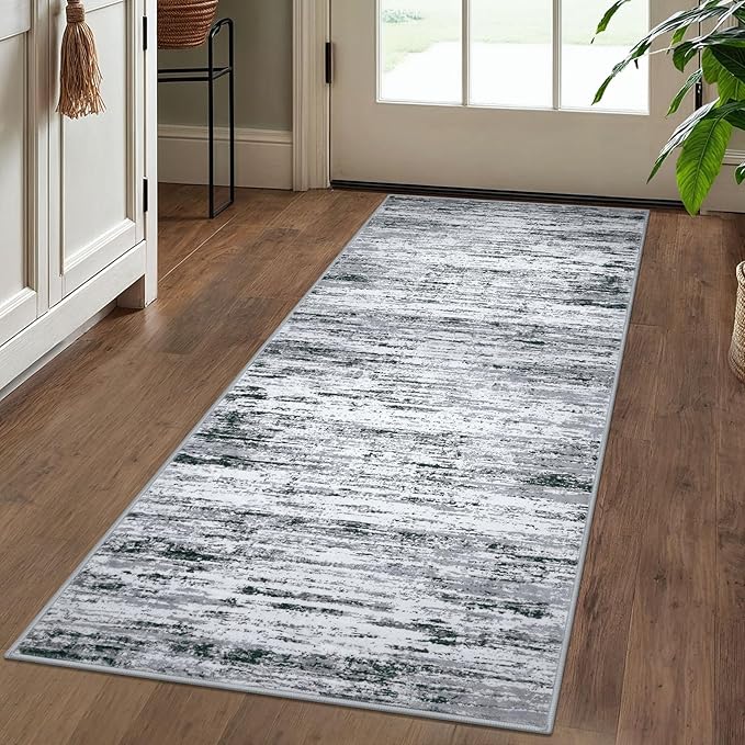 Lansny Modern Abstract Runner 2x5, Black Grey White Washable Kitchen Entryway Rug Mat Non-Slip Soft Hallway Rug Runner Thin Print Faux Wool Carpet for Bedroom Laundry Room Indoor Home Decor