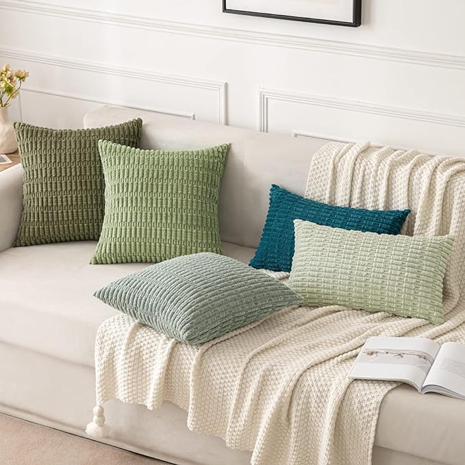 MIULEE Pack of 2 Spring Corduroy Decorative Throw Pillow Covers 16x16 Inch Soft Boho Striped Pillow Covers Modern Farmhouse Home Decor for Summer Sofa Living Room Couch Bed Greyish Green