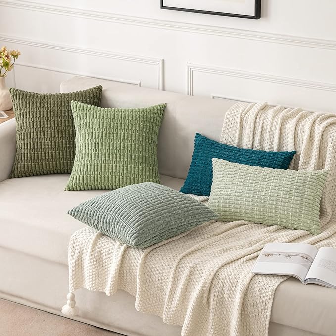 MIULEE Pack of 2 Spring Corduroy Decorative Throw Pillow Covers 12x12 Inch Soft Boho Striped Pillow Covers Modern Farmhouse Home Decor for Summer Sofa Living Room Couch Bed Greyish Green