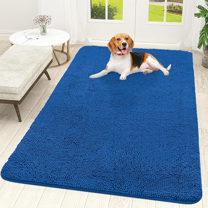 OLANLY Dog Door Mat for Muddy Paws 59x35, Absorbs Moisture and Dirt, Absorbent Non-Slip Washable Doormat, Quick Dry Chenille Mud Mat, Entry Indoor Entryway Carpet for Inside Floor, Deep Navy Blue