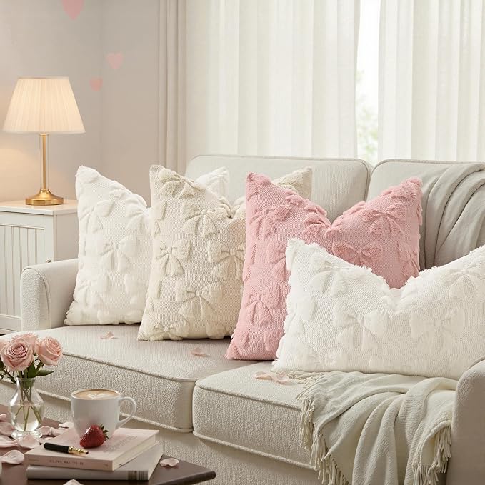 decorUhome Beige Bow Pillow Covers Set of 2 Coquette Aesthetic Cute Preppy Plush Faux Pillowcases for Girly Bedroom or Couch 20x20 Inch