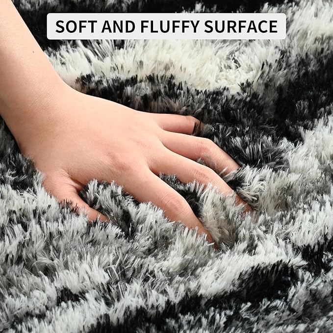 Tepook Soft Fluffy Rugs for Bedroom, 4x6 Area Rug for Living Room, Modern Shaggy Room Rug for Kids Boys Girls, Plush Throw Rugs Indoor Nursery Home Decor Rug with Non-Slip Bottom, Black White