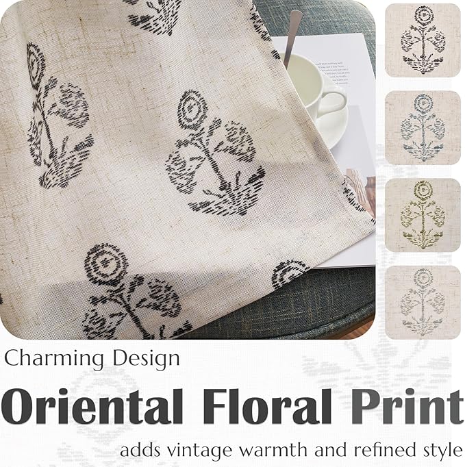 jinchan Linen Floral Curtains for Living Room 63 Inch Length Black Flower Cottage Core Farmhouse Curtains Rod Pocket Back Tab Boho Semi Sheer Window Drapes Bedroom Set 2 Panels Black on Beige