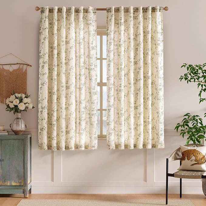 Lazzzy Linen Farmhouse Curtains Green Floral Curtains 63 Inch Length Back Tab Drapes for Living Room Bedroom Light Filtering Country Vintage Rod Pocket Curtain, 2 Panels, Green on Beige
