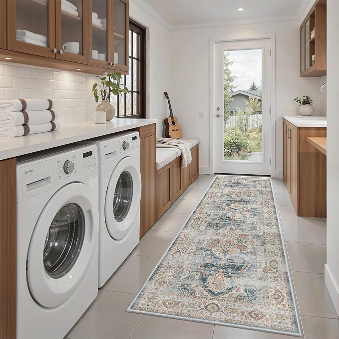 Madane Washable Runner Rug - 2x6 Rug Runners for Hallways 6 Feet Non Slip Vintage Kitchen Runner Rug Ultra-Thin Bathroom Runner Rugs Carpet Laundry Room Bedroom (2x6ft, Navy)