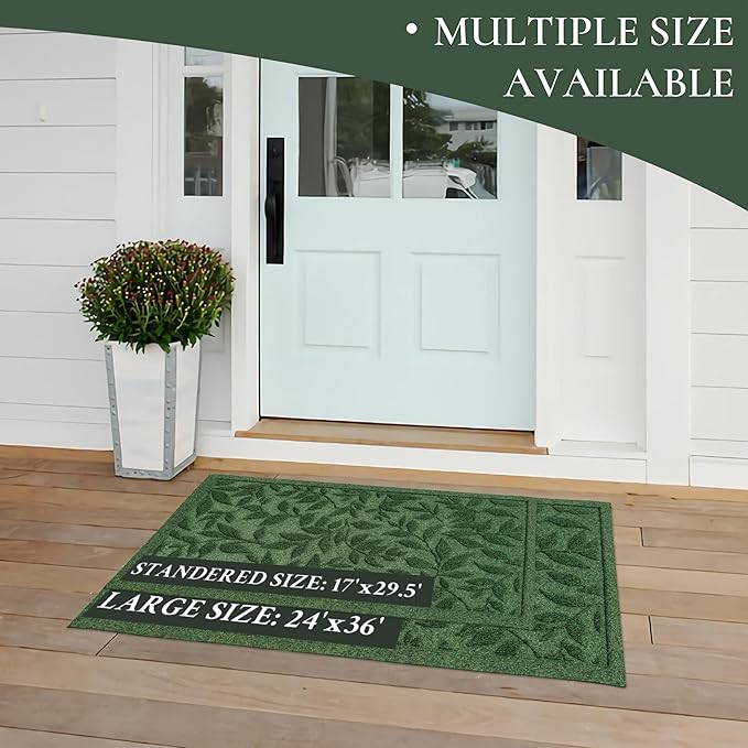 Green Leaves Outdoor Indoor Entrance Doormats, Absorbent Durable Heavy Duty Welcome Front Door Mat,Thick Natural Rubber Back,Easy Clean Entryway Mat 23x35 Inch, Low Profile