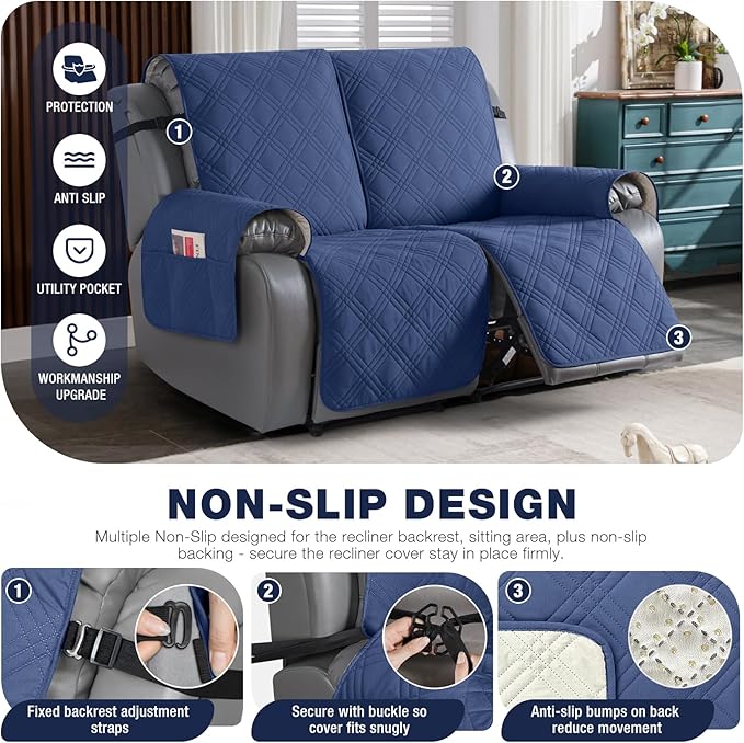 TAOCOCO 100% Waterproof Loveseat Recliner Covers 2 Seater, Split Loveseat Covers for Reclining loveseat, Non Slip Reclining Couch Cover with Double Straps for Kids, Pets(2 Seater, Ocean Blue)
