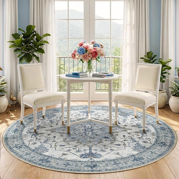RELEANY Area Rugs 5ft Washable Non-Slip, Floral Vintage Distress Print Pattern Medallion Carpet for Living Room Bedroom Dining Room, Light Blue Navy Beige Gray White
