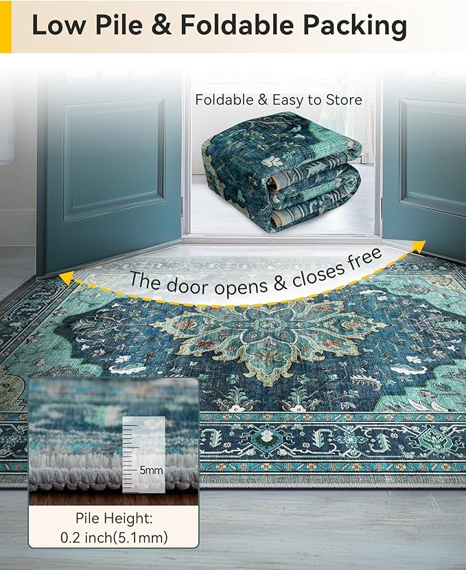 RELEANY Area Rugs 3'x12' Runner Rug Non Slip Washable for Kitchen Hallway Bedroom Beside Laundry Room Bathroom Rug, Floor Carpet, Teal Green Lake Blue Turquoise