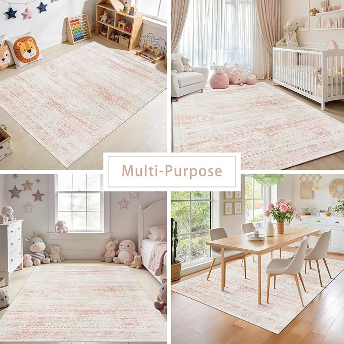 Washable Rugs 4x6 Area Rugs for Living Room,Bedroom,Kids Room,Nursery- Soft Faux Wool Small Carpets,Non Slip&Non-Shedding Low Pile Vintage Print Rugs for Enterway,Home Office Decor-Pink White