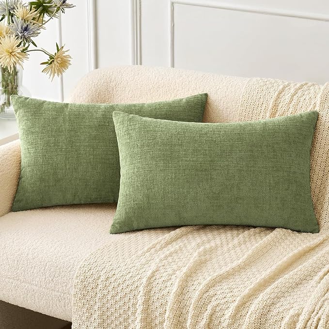 MIULEE Pack of 2 Couch Throw Pillow Covers 14x24 Inch Spring Soft Sage Green Chenille Lumbar Pillow Covers for Sofa Living Room Solid Dyed Cases