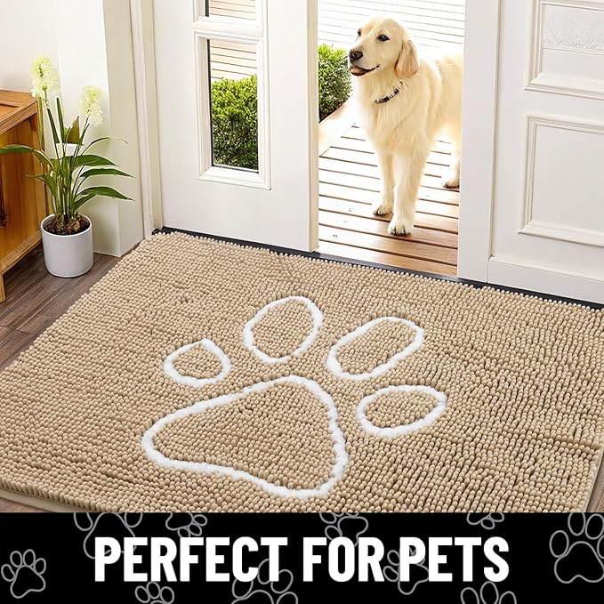 Smiry Dog Door Mat for Muddy Paws, Absorbent Dirt Trapper Non Slip Quick Dry Washable Chenille Mat for Mud Dogs, Entry Rug for Indoor and Outdoor (24x16 Inches, Beige and White)