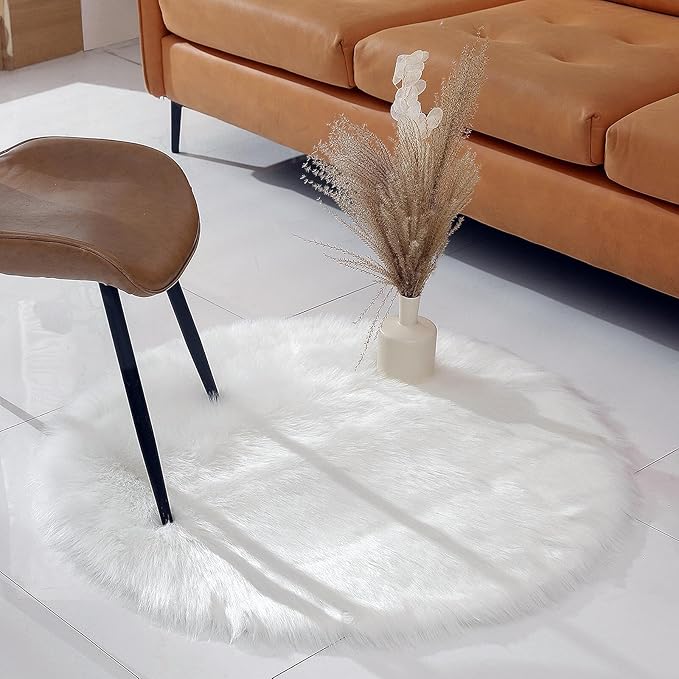 linmopm Faux Fur Rug Sheepskin Shag Fluffy Fuzzy White 3x3 ft Rugs for Bedroom Bedside Bed Floor Living Room Plush Round High-Density Cushion Carpet Super Sofa Cover