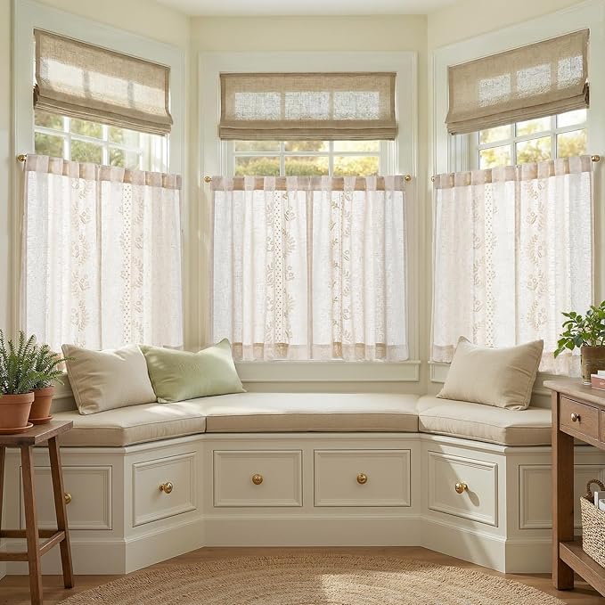 jinchan Belrose Linen Floral Kitchen Curtains 36 inch Length Embroidered Farmhouse Cafe Curtains for Living Room Bathroom Small Windows Curtain Set Sheer Light Filtering 2 Panels Ivory