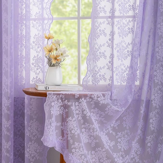 YJ YANJUN Vintage Lace Curtains 54 Inch Length-Victorian Floral Pattern Lavender Sheer Curtain Panels for Living Room Bedroom,Light Filtering, Romantic Girly Drapes 2 Panels 52W x 54L Light Purple