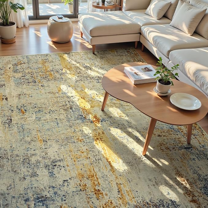 Ompaa Living Room Rug 8x10 Beige Area Rugs Machine Washable Abstract Boho Large Carpet Non-Slip Non-Shedding Faux Wool Indoor Vintage Rug for Bedroom, Classroom, Dining Room, Kids Playroom