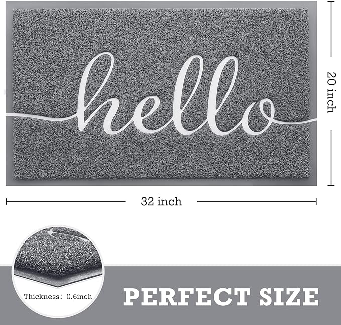 CozyBounty Door Mat Hello Mats Outdoor Indoor Non-Slip Doormat for Entryway Low-Profile Floor Mat for Yard, Garage, High Traffic Areas (32"x20", Grey)