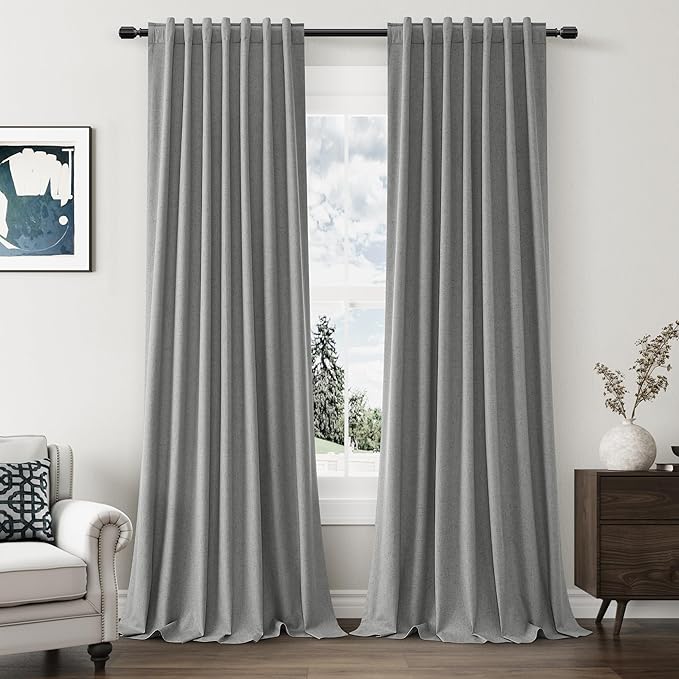 Guken Dark Grey 100% Blackout Linen Curtains 102 Inch Length 2 Panels Set for Living Room Bedroom Back Tab/Rod Pocket Thermal Insulated Black Out Drapes Room Darkening Window Curtains