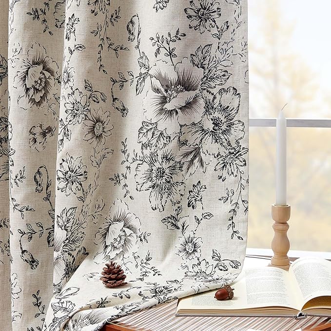 jinchan Blackout Floral Curtains for Living Room Bedroom Linen Blend Curtain Farmhouse Black Printed with Lined Back Tab Rod Pocket Drapes Window Treatments 2 Panels 90 Inch