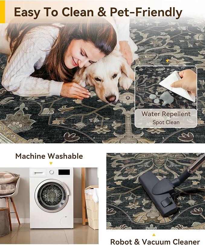 RELEANY Area Rugs Round 6ft Washable Non-Slip, Floral Vintage Distress Print Pattern Medallion Carpet for Living Room Bedroom Dining Room, Vintage Black Brown Neutral