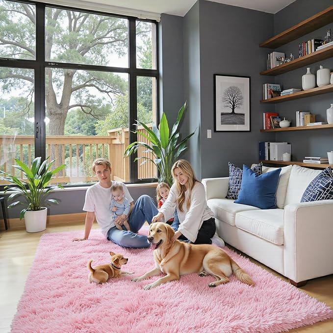 Rugs for Living Room 5x8, Alfombras para Salas Fluffy Shag Large Fuzzy Plush Soft Area Rug, Shaggy Carpets for Bedroom, Kids Boys Girls Home Decor Aesthetic(5 x 8, Pink)