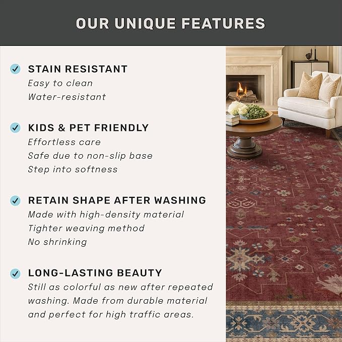 Hazo Haus Oriental 9x12 Soft Rugs for Living Room - Dark Red Rugs for Bedroom Aesthetic, Dining Room Under Kitchen Table, Washable Soft Non Slip Large Area Vintage Décor