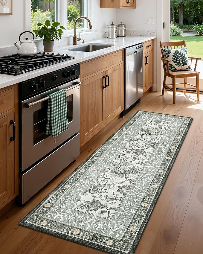 GarveeHome Provence Fog 2x6 Washable Kitchen Runner Rugs Non Slip Vintage Boho Cottage Long Rug for Hallways Bedroom Entryway Bathroom Mat with Rubber Back