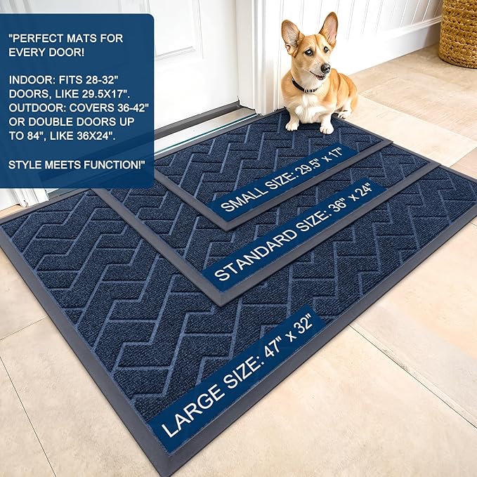 OLANLY Front Door Mat Indoor Outdoor Entrance, Waterproof All-Season, All-Weather Doormat, Sturdy Natural Rubber, Low Profile, Easy Clean Patio Porch Entryway Mat, Herringbone Brick (Blue, 47x23)