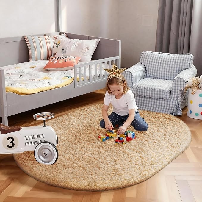 Ophanie 4x6 Oval Beige Rugs for Bedroom Living Room, Fluffy Fuzzy Furry Carpet, Plush Soft Shaggy Bedside Indoor Floor Area Rug for Kids Girls Boys Baby Teen Dorm Nursery Home Decor Aesthetic