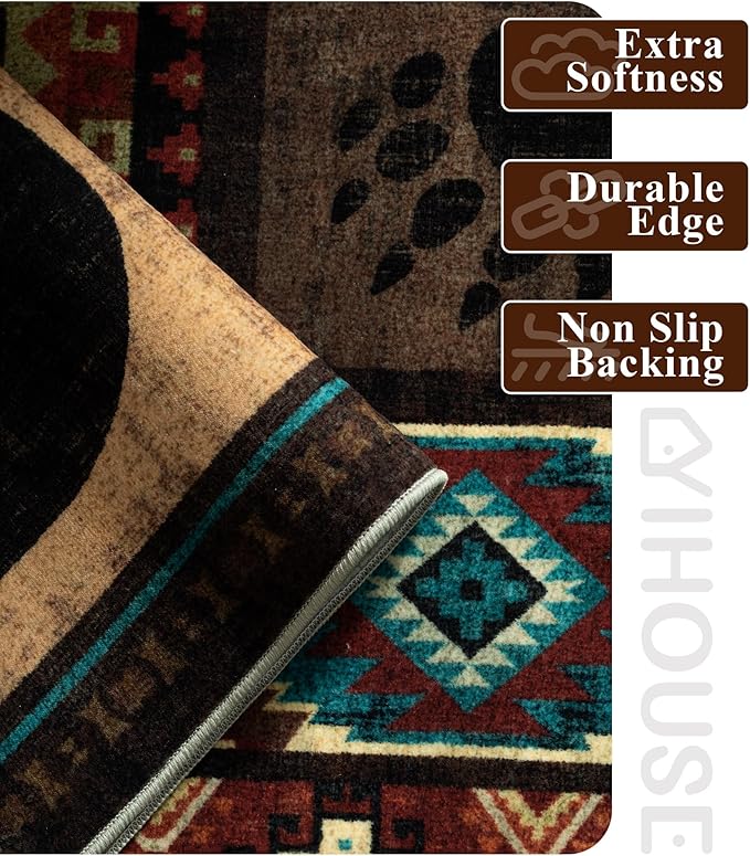 Rustic Cabin Hallway Runner Rug 2'8"x8' - Bear Washable Rug, Non-Slip Low Pile Soft Farmhouse Carpet, Southwestern Wildlife Print Floor Runner Rugs for Kitchen, Entryway, Laundry, Bedroom