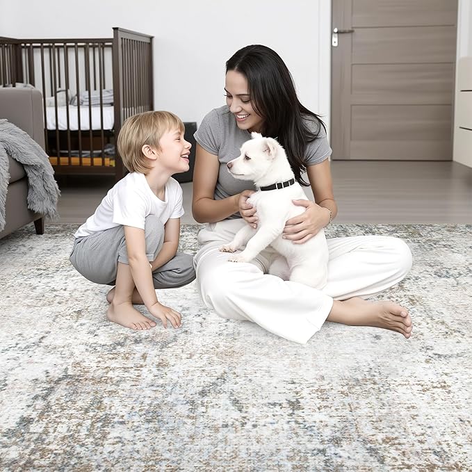 10x12 Area Rug Living Room Rug: Washable Modern Abstract Soft Thin Rug Indoor Floor No Slip Stain Resistant Carpet for Bedroom Dining Room Farmhouse Nursery Home Office - Brown Grey