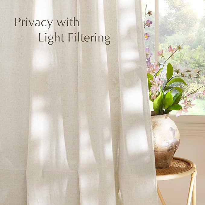 NICETOWN Linen Flax Semi Sheer Curtains 92" Length, Grommet Window Treatments Privacy Added with Light Penetration Vertical Drapes for Loft/Home Office, Natural, W55 x L92, 2 Panels