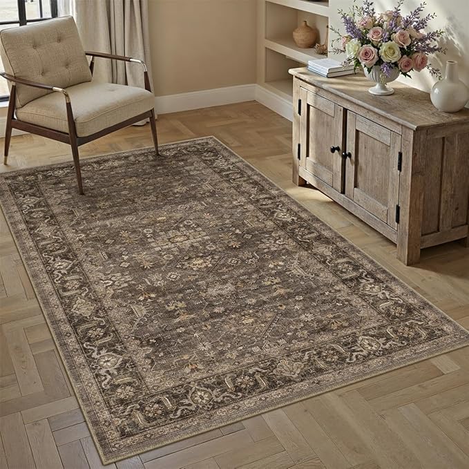 4x5 Washable Area Rug for Living Room Bedroom Vintage Brown Soft Low Pile Carpet Traditional Retro Non Slip Throw Rug for Dining Room Entryway Indoor Dorm Kitchen