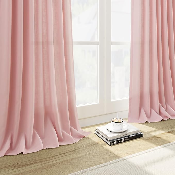 Pink Linen Curtains 72 Inch Length for Baby Girl Bedroom Lightweight Door Drapes 2 Panels Set for Kids Sheer Light Filtering Back Tab Rod Pocket Curtain for Kitchen Protect Privacy 52x72
