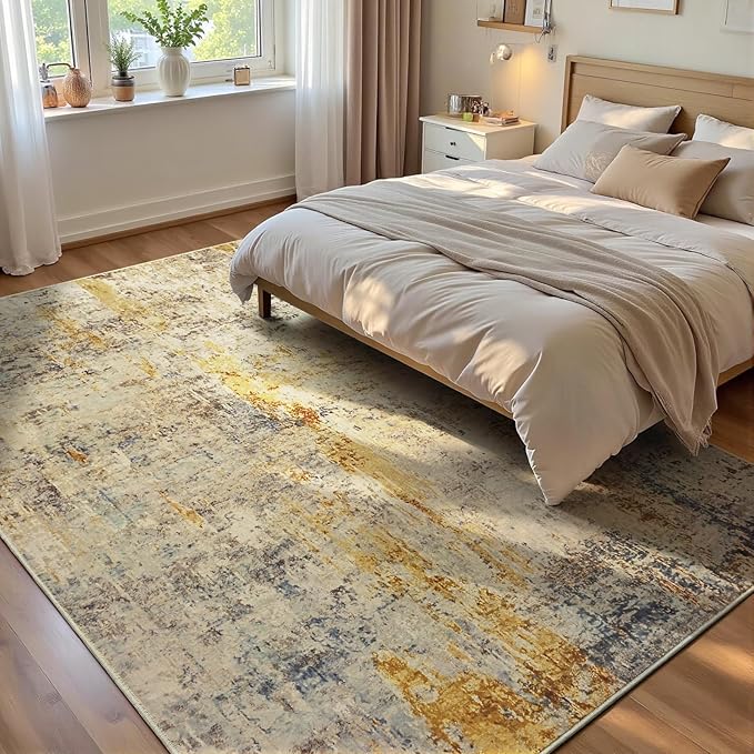 Ompaa Living Room Rug 5x7 Beige Area Rug Machine Washable Boho Rug Non Slip Abstract Vintage Indoor Large Rugs for Bedroom, Classroom, College Dorm, Farmhouse, Dining Room, Kids Playroom