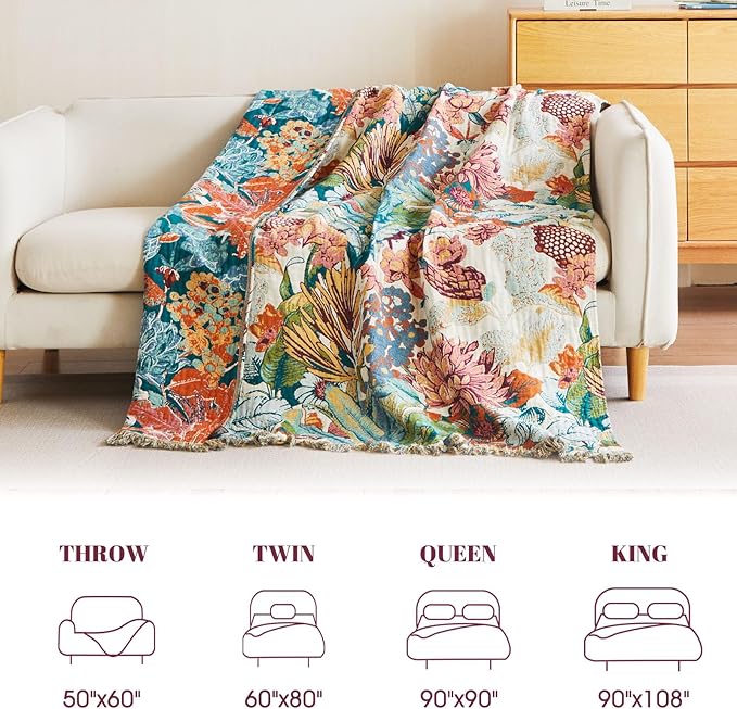 MSGKV Boho Throw Blanket for Bed Couch 100% Cotton Blanket 60"x80" Spring Breathable Farmhouse Lightweight Muslin Blankets Home Decor