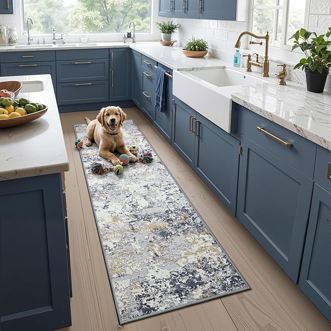 Toneed Entryway Runner Rug 2x6 for Hallway Kitchen, Washable Non-Slip Rug Runner for Indoor Entrance, Laundry Room, Bedroom, Low Pile, Abstract Blue White Gold