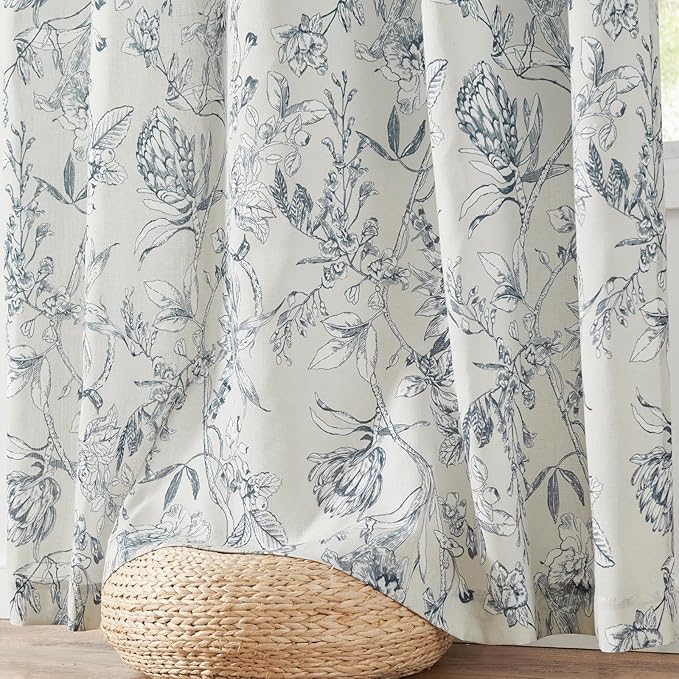 jinchan Floral Curtains 84 Inches Long Blue Flower Linen Farmhouse Curtain for Living Room French Country Vintage Curtain Rod Pocket Curtains Set 2 Panels Blue Floral Printed