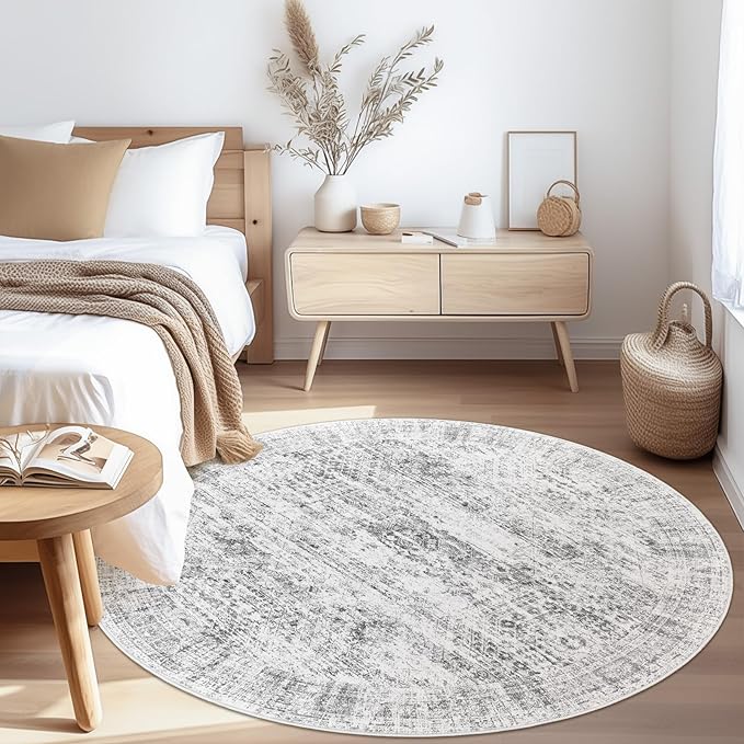 6x6 Grey Round Rug 6ft Living Room Circle Rug Gray Vintage Round Area Rug Non Slip Indoor Carpet for Dining Room Bedroom