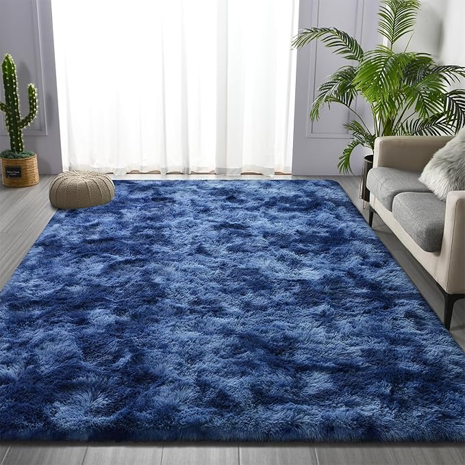Shag Area Rug, 4 X 6 Plush Fuzzy Rugs for Living Room, Ultra Soft Fluffy Furry Rug for Bedroom, Indoor Carpet Nursery Rugs for Kids Room Home Decor, Tie-Dyed Navy Blue
